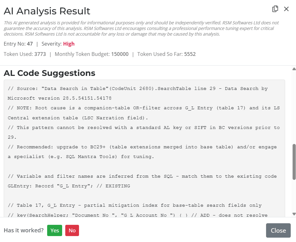 AL Code Suggestions, a ready-to-use, commented AL code fix generated for a Business Central performance incident