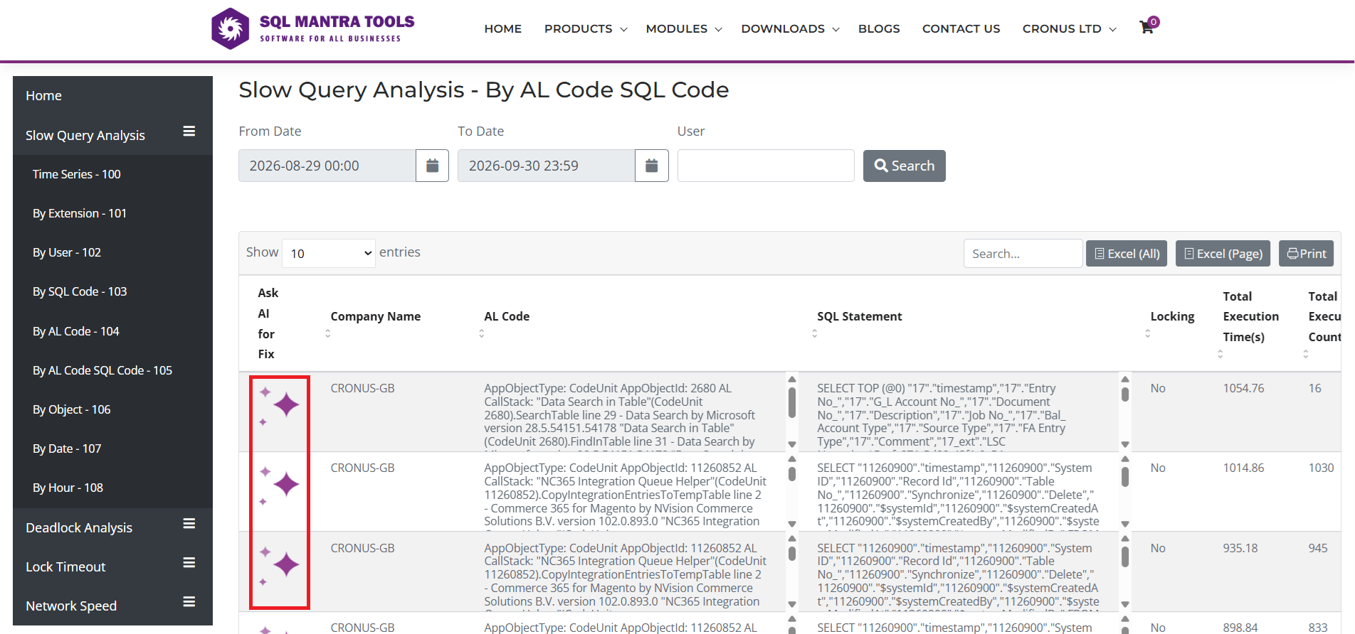 Business Central Slow Query Analysis by AL Code and SQL Code table with the Ask AI for Fix icon highlighted next to a high-severity incident