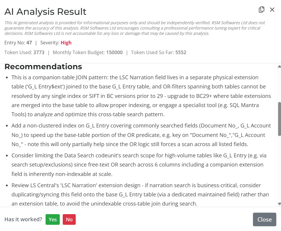 AI-generated Recommendations for fixing a Business Central performance issue, listing indexing and design changes to resolve a companion-table OR-filter scan