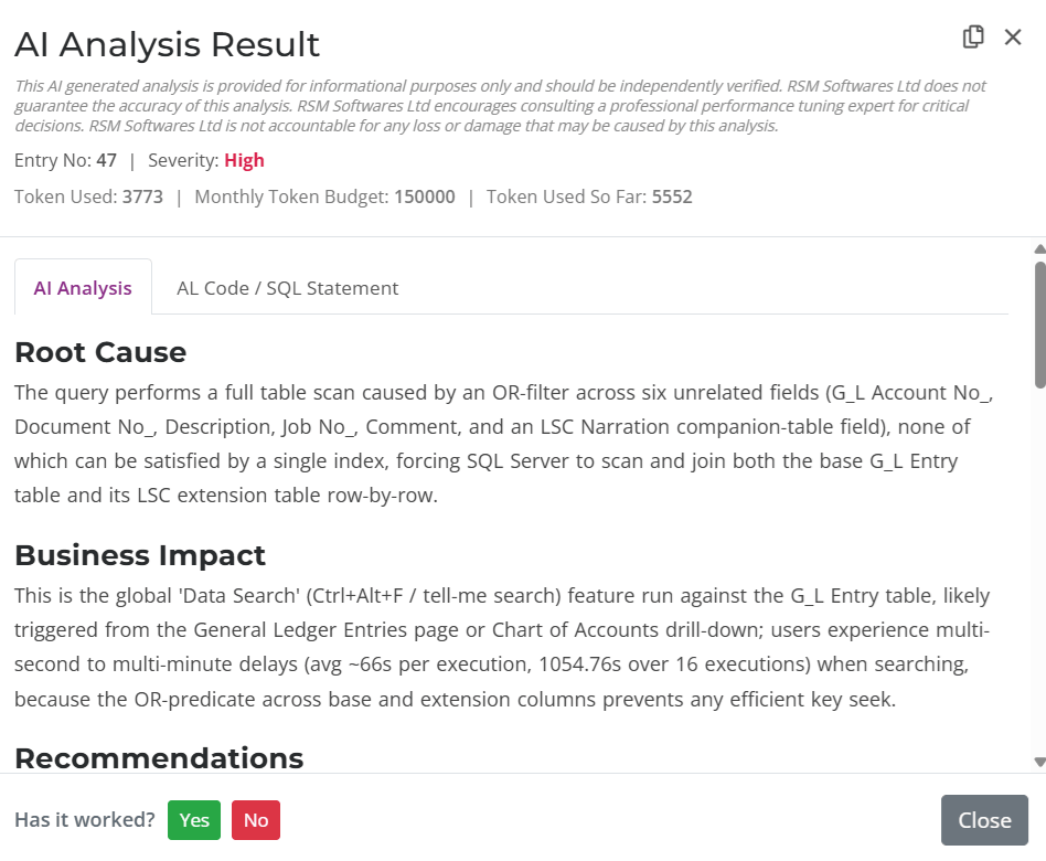 AI Analysis Result panel for Business Central showing the Root Cause and Business Impact of a slow query caused by a full table scan